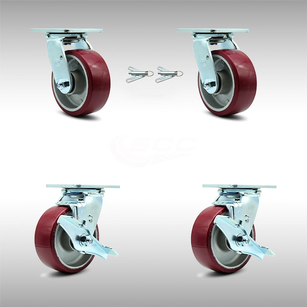5 Inch SS Poly on Aluminum Caster Set with Ball Bearings 2 Swivel Lock 2 Brake